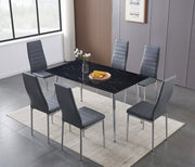 7Pcs Marble Glass Table with Leather Chairs Dining Set- Grey Chairs #175093