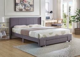 Fabric Upholstered Wing Bed with Drawer on Footboard- Grey #175373