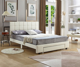 PU Leather Upholstered Bed with Drawer on Footboard- White #175492