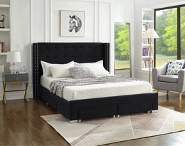 Velvet Wing Bed with Button Tufted Headboard with Chrome Legs- Black Color #175323