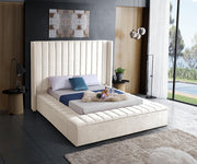 Velvet Wing Bed Channel Tufted  Headboard with Storage- Beige Color #175723