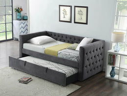 Velvet Fabric Button Tufted Day Bed with Underneath Trundle Bed in Single Size #17305