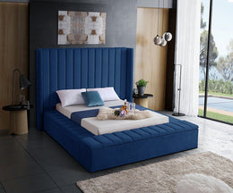 Velvet Wing Bed Channel Tufted Headboard with Storage- Blue Color #175721