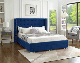 Velvet Wing Bed with Button Tufted Headboard with Chrome Legs- Blue Color #175321