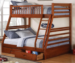 Solid Wood Single Over Double Bunk Bed with two Drawers- Honey Color #17117