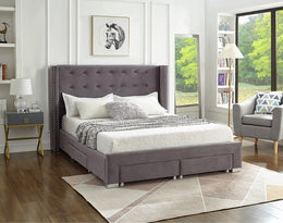 Velvet Wing Bed with Button Tufted Headboard with Chrome Legs- Grey Color #175320