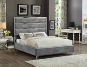 High Headboard Velvet Upholstered Bed with Chrome Finish Legs- Grey Color #175880