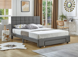 PU Leather Upholstered Bed with Drawer on Footboard- Grey #175491