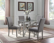 Glass Top with Wooden Legs with Fabric Chairs Dining Set- Light Grey #031035