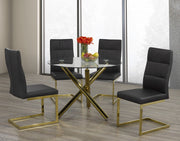 Round Glass Top with Gold Finish Legs Table with Leather Chairs with Gold Finish Legs Chairs 5Pcs Dining Set -Black Chairs #034195