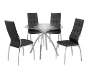 Round Glass Table with Leather Chair 5Pcs Set- Black Chairs #031903
