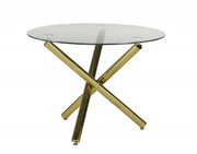 Round Glass Top with Gold Finish Legs Table with Leather Chairs with Gold Finish Legs Chairs 5Pcs Dining Set -White Chairs #034195