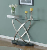 Clear Glass Top Oval Shaped Console Table with Aluminum Ring and  Black Base